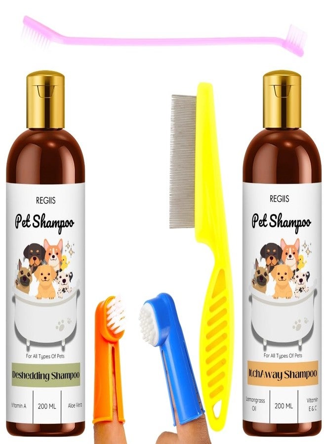 مجموعة شامبو ريجيس للحيوانات الأليفة مع تركيبة لإزالة الشعر الزائد والحكة، 200 مل لكل عبوة، لجميع أنواع الحيوانات الأليفة، مع فرش للعناية بالحيوانات الأليفة (عبوة من 4 قطع) - Image 1